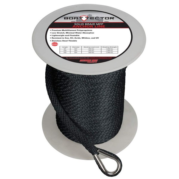 Extreme Max 3006.2291 BoatTector Solid Braid MFP Anchor Line with Thimble - 3/8" x 150', Black