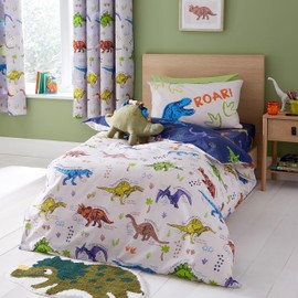 Catherine Lansfield Prehistoric Dinosaurs Reversible Single Duvet Cover Set with Pillowcase Natural