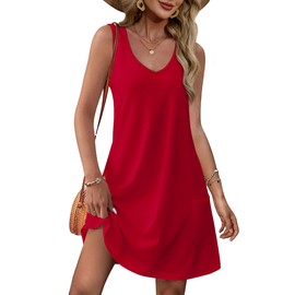 Summer Dresses for Women 2025 Loose V Neck Sleeveless Casual Dress Sundresses with Pockets Plain Red M