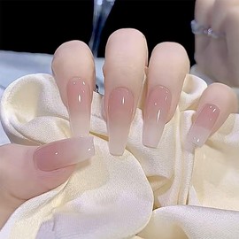 24pcs/box Acrylic Nail Long Ballet Press On Nail with Jelly Sticker Full Cover Nail Tips Simple Gradient False Nails for Women