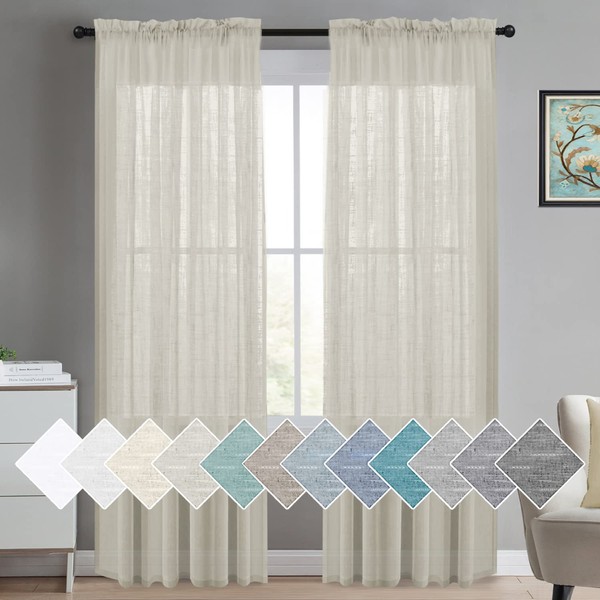 White Linen Sheer Curtains Natural Linen Semi Sheer Curtains White 96 Inches Long Light Filtering Burlap Curtains 2 Panels Rod Pocket Window Treatments Panels/Drapes, Privacy Assured, Natural