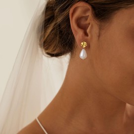 BLUEELM Pearl Drop Earrings for Women, 14K Gold Plated Statement Earrings Hypoallergenic Gold Earrings for Women Trendy Small Gold Pearl Dangle Earrings Chunky Gold Jewelry for Women Wedding Gifts