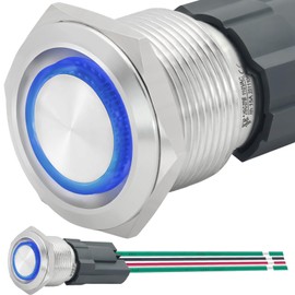 UL Listed 19mm 15Amp Push Button Switch Latching 110V-120V AC/DC Waterproof IP67 Power Button 1NO SPST with Led Light Stainless Steel Self-Locking On Off 0.75'' with Wire Socket