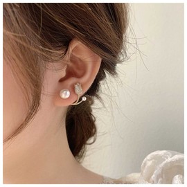 Allereya Vintage Pearl Flower Ear Jacket Earrings Crystal Flower Ear Climber Earrings Rhinestone Pearl Earrings Cz Front Back Wrap Earrings Jewelry for Women and Girls