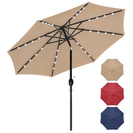 YSSOA 9ft Solar LED Lighted Patio Umbrella, Outdoor Table Market Umbrellas with Tilt/Crank Adjustment, for Garden, Deck, Backyard, Pool, Tan