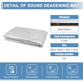 ACROPIX 236mil 6mm 6sqft Universal Sound Deadener Mat 39.4" x 23.6" Aluminum Foam Heat Shield Material for Car Boat Hood Engine Silver Tone - Pack of 1
