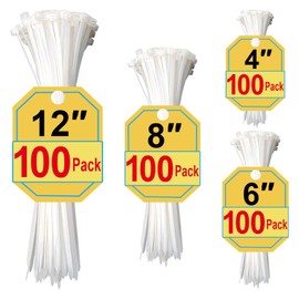 White Zip Ties Assorted Sizes 4+6+8+12 Inch, 400 Pack, Clear Zip Ties, White Cable Ties, Zipties Clear, UV Resistant Wire Ties, Plastic Ties, Tie Wraps Assorted Sizes, SiKuLin