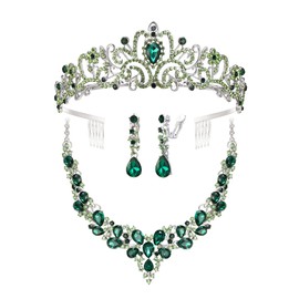 BriLove Bridal Jewellery Set for Wedding Flower Maid, Crystal Teardrop Cluster Statement Necklace Clip-on Earrings Princess Tiara Crown Headbands Comb for Birthday Party Emerald Color Silver-Tone