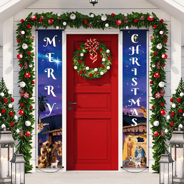 Christmas Banner Decorations Merry Christmas Porch Sign Door Banner Christmas Hanging Banner Outdoor Xmas Banner Hanging Decor for Winter Christmas Holiday Theme Party Supplies (Santa, Snowman)