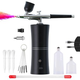 SHPTDJTICAirbrush Kit with Compressor, Airbrush Compressor Rechargeable Upgraded 1200Amh 32PSI with 0.3mm Nozzle and Air Brush Kit for Painting,Nail Art,Tattoo,Cleaner Set