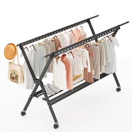 AWQM Clothes Drying Rack with Wheels，Clothing Folding Aluminum Alloy Laundry Drying Racks, Foldable Portable Indoor Outdoor Garment Rack with 48 Windproof Hooks（Black）