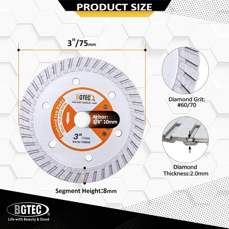 BGTEC Diamond Granite Turbo Blade,2pcs 3"/75MM Cutting Disc for Concrete,