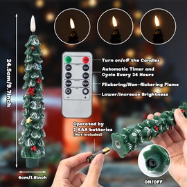 GQIRIL Christmas Tree Flameless Taper Candle - 4PCS Xmas Waxy Led Candle Stick with Remote and Timer, Christmas Tree Candlestick Light Flickering Decoration, 3D Wick Wax Candlelight for Fireplace