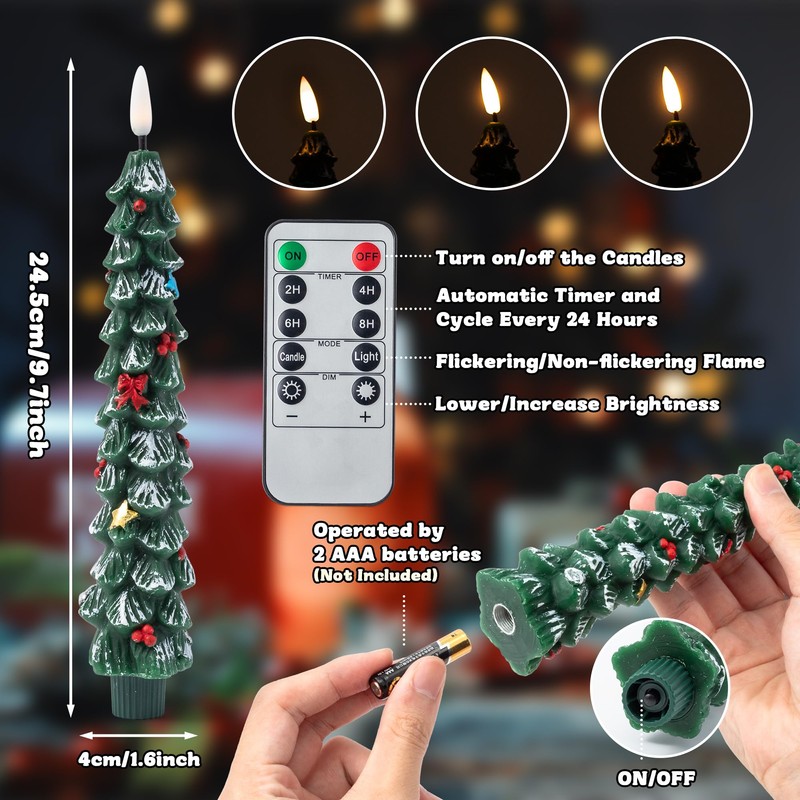 GQIRIL Christmas Tree Flameless Taper Candle - 4PCS Xmas Waxy