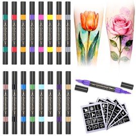 Coliatik Temporary Tattoo Markers for Skin – Dual-End 16 Colors + 80 Stencils Kit, Skin-Safe Washable Cosmetic-Grade Body Art Pens for Kids & Adults