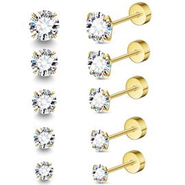 5Pairs Gold Flat Back Stud Earrings Set for Women Men,Hypoallergenic Cubic Zirconia 316L Earrings Stainless Steel CZ Earrings 3/4/5/6/8mm