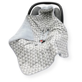 CAR SEAT Baby Insert/Blanket/Cover/Cosy Toes/Foot muff Cotton & Waffle-Effect Mink Plush 80 x 80cm Dual Layer with Hood (Triangles/Grey)