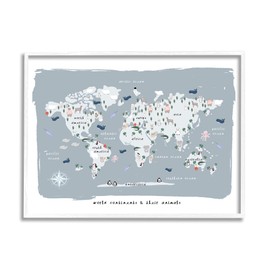 Stupell Industries World Continents and Regional Animals Map Soft Blue, Designed by Leah Straatsma White Framed Wall Art, Grey