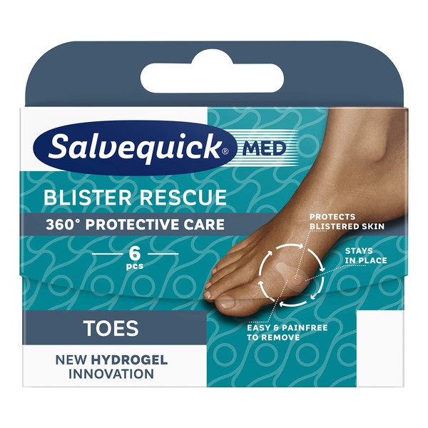 Salvequick | Blister Rescue Toe 6 | Hydrogel Toe Blisters Wound Pads for Pressure Relief. Easy and Painless Removal | 6 Units for 360° Toe Protection Care, Black