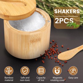 Salt and Pepper Bowls Bamboo Pepper Salt Box with Magnetic Swivel Lid and Spoon 2 Piece Set Salt Cellar and Storage Box Seasoning Container for Salt Pepper Spice Sugar