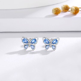 925 Sterling Silver Birthstone Butterfly Stud Earrings Butterfly Jewelry Gifts for Women Wife Girlfriend, Small, Silver, Cubic Zirconia