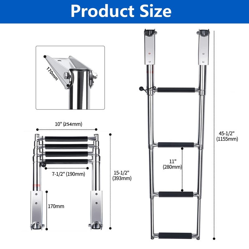Marinebaby Heavy Duty Boat Telescopic 4 Step Ladder,Stainless Steel Swim