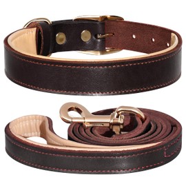 PET ARTIST Genuine Leather Dog Collar and Leash Set, Soft Padded with Metal Buckle, Strong, Cozy, Luxurious Collar for Medium & Large Dogs, Brown M