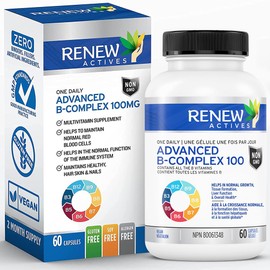 Renew Actives RENEW ACTIVES Vitamin B Complex 100 – Daily B1, B2, B3, B5, B6 & B12 600MCG per Serving for Energy, Red Blood Cell Formation, Liver Function & Metabolism – Made in Canada - 60 Capsules