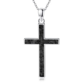 Twoowl Silver Cross Necklace for Women 925 Sterling Silver Crushed Black Onyx Pendant Necklace Christian Religious Jewelry Confirmation Gifts for Men