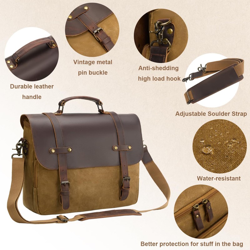 Men's Messenger Bag Waxed Canvas Briefcase 15.6 Inch Vintage Genuine