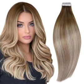 RUNATURE Balayage Real Hair Tape-In Extensions Blonde Ombre Dark Brown with Ash Brown and Medium Blonde Remy Tape in Hair Extensions Real Hair Balayage 55 cm 22 Inches 50 g 20 Pieces #3/8/22