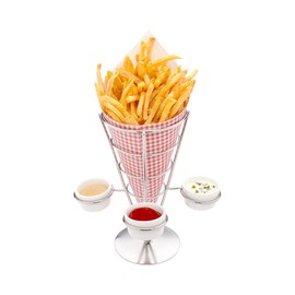 Restaurantware 4.3 x 8 Inch French Fries Stand 1 Fry Stand - With 3 Sauce Holders Dishwashable Silver Stainless Steel Cone Holder Stand For Snacks Appetizers Or Desserts
