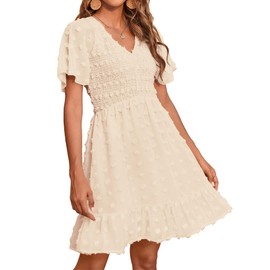 BTFBM Womens Beach Vacation Dress V Neck Short Sleeve Smocked Swiss Dot Casual Ruffle Mini Spring Summer Dresses 2025(Apricot, Large)