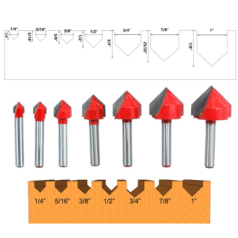 Saipor 7pcs 1/4-Inch Shank 90 Degree V Groove Router Bit