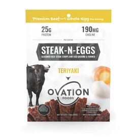 Ovation Foods Steak-N-Eggs Beef Strips, Zero Sugar, High-Protein Jerky (25g premium protein), Gluten Free, KETO, Paleo 1.6oz Bag (4 count) - Teriyaki
