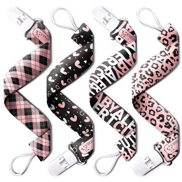 PUTSKA Girls Pacifier Clip - 4 Pack Set of Unique Modern Design. Binky Clip Fits All Pacifiers/Soothers. Baby Girls Pacifier Clips of Non-Toxic Teether Holder - Perfect Baby Shower Gift