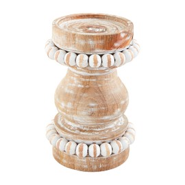 Mud Pie Short Beaded Candlestick, Tan, 4" x 7"