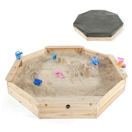 Plum Wooden Large Sandbox with Cover - Outdoor Octagon Sand Box for Kids, Toddler Sensory Toys, Outdoor Wooden Sand Pit with Seat Boards and Bottom Liner, Weatherproof, Easy Assembly, Ages 3+ Years