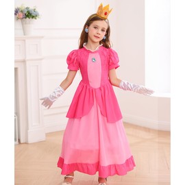 Luzlen Princess Peach Costume for Girls Kids Princess Peach Cosplay Dress With Accessories, 2-3T(Tag 100)