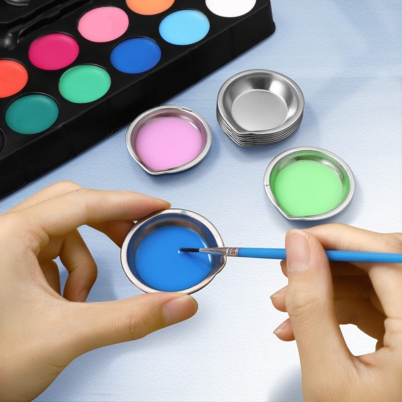 Cabilock 12pcs Makeup Palette Stainless Steel Small Round Paint Tray