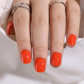 Orange Press on Nails Short Orange Red Fake Nails with Glossy Design Full Cover False Nail Oval Acrylic Glue on Nails for Women and Girls Manicure Decoration 24 Pcs