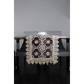 Marina Decoration Vintage Elegant Embroidered Cutwork Kitchen Dining Dresser Scarf and Table Runner, Taupe Base with Embroidered and Lace Flower with Burgundy Sheer 16 x 90 Inch Rectangle (6-8 Chair)