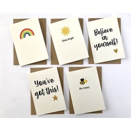 5x Positivity Positive Theme Motivational Blank Greeting Card 5 Designs A6 Folded Rainbow Sunshine Happy Happiness Joy Good News Thank You (White)