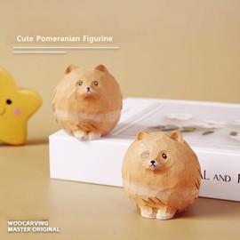 ShaoAngDuoMi Small Carved Wooden Pomeranian Dog Figurines, Handmade Ball Pomeranian Sculpture Craft Set, 1.97" Cute Pomeranian Statues Home Decor Art Carving Work，Wooden Dog Decoration