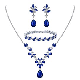EleQueen Wedding Bridal Jewelry Set for Brides Bridesmaids, Sparkle Cubic Zirconia Teardrop Necklace Dangle Earrings Bracelet Sets for Party Prom Sapphire Color