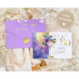 Joli Coon - Birthday Card 80 Elegant - Happy Birthday Card with Floral Martini Illustration and Pastel Envelope - Birthday Card 80 Woman