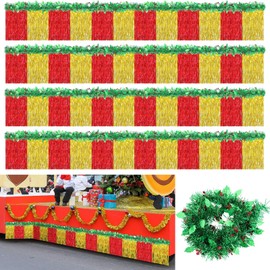 8 Pcs Christmas Parade Float Decorations Including 4 Pcs 9.85 ft Metallic Foil Fringe Curtains and 4 Pcs Tinsel Garlands for Christmas Indoor Outdoor Holiday Decor Green,Red,Gold