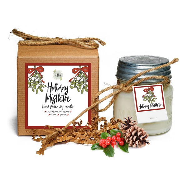 Aira Soy Candles - Organic, Kosher, Vegan, in Mason Jar w/Therapeutic Essential Oils - Hand-Poured 100% Soy Candle Wax - Paraffin Free, Burns 110+ Hours - Holiday Mistletoe Christmas Candle - 8 Oz