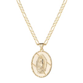 kelistom 14K Gold Plated Virgin Mary Guadalupe Pendant Necklace for Women Men 3mm Flat Figaro Chain Necklace 18/22 inches (length-18in, solid)