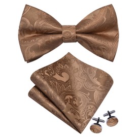 GUSLESON Khaki Bow Tie Pocket Square Set for Men Pre-Tied Paisley Brown Bowties Handkerchief Cufflinks for Wedding (0489-03)